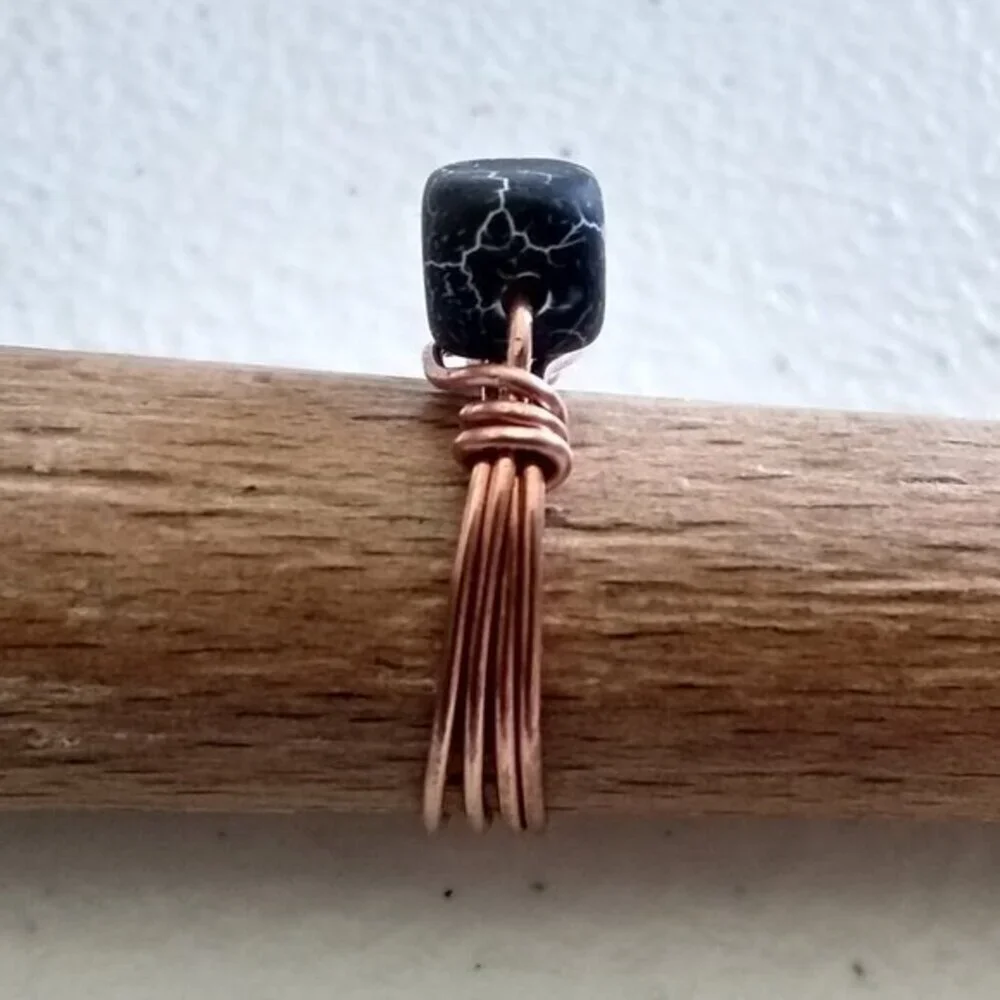 Size 7 - Frosted Black Dragonvein Cube + Copper Wire Ring! Goth Punk Grunge Rock